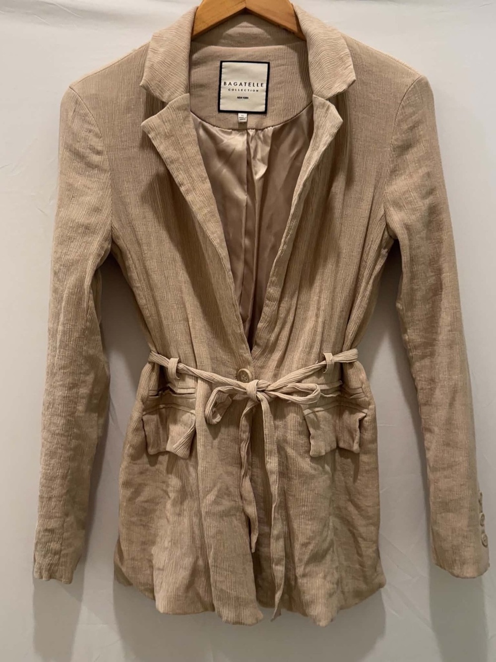 bagatelle Women Light Beige Tie-Waist Linen Blazer Medium